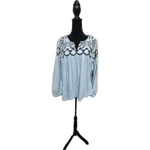 Anthropologie ONE SEPTEMBER‎ Blue Embroidered Peasant Blouse Balloon Sleeve Sz L